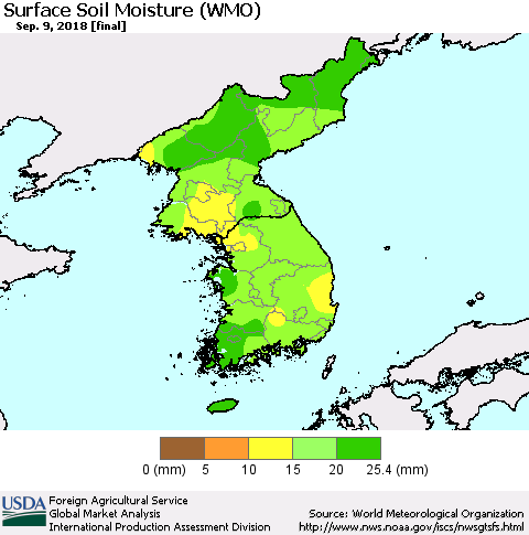 Korea Surface Soil Moisture (WMO) Thematic Map For 9/3/2018 - 9/9/2018