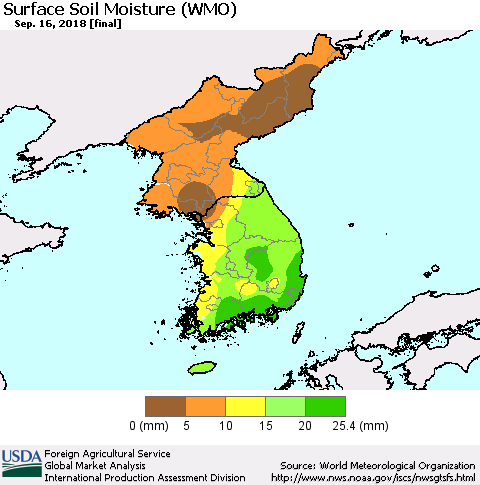 Korea Surface Soil Moisture (WMO) Thematic Map For 9/10/2018 - 9/16/2018