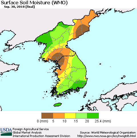 Korea Surface Soil Moisture (WMO) Thematic Map For 9/24/2018 - 9/30/2018