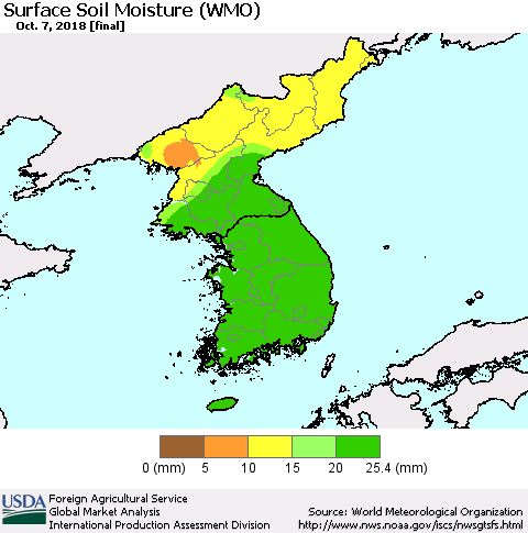 Korea Surface Soil Moisture (WMO) Thematic Map For 10/1/2018 - 10/7/2018