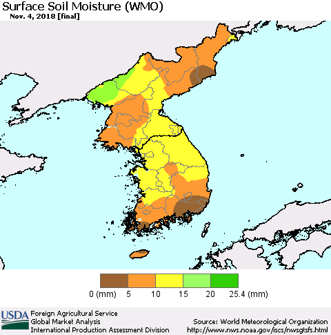 Korea Surface Soil Moisture (WMO) Thematic Map For 10/29/2018 - 11/4/2018