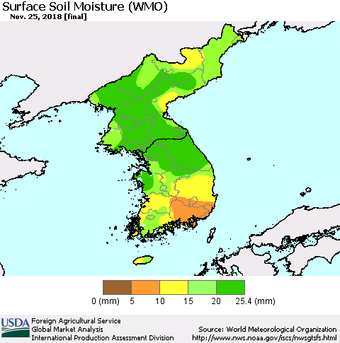 Korea Surface Soil Moisture (WMO) Thematic Map For 11/19/2018 - 11/25/2018
