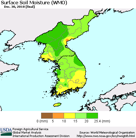 Korea Surface Soil Moisture (WMO) Thematic Map For 12/24/2018 - 12/30/2018