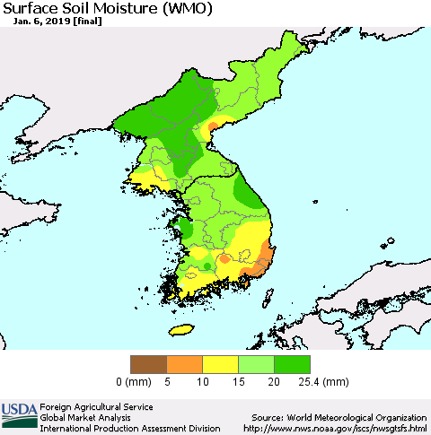Korea Surface Soil Moisture (WMO) Thematic Map For 12/31/2018 - 1/6/2019