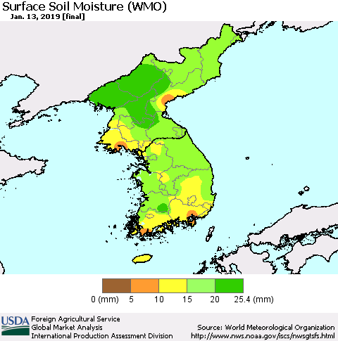 Korea Surface Soil Moisture (WMO) Thematic Map For 1/7/2019 - 1/13/2019
