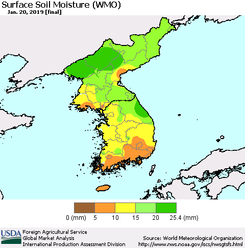 Korea Surface Soil Moisture (WMO) Thematic Map For 1/14/2019 - 1/20/2019