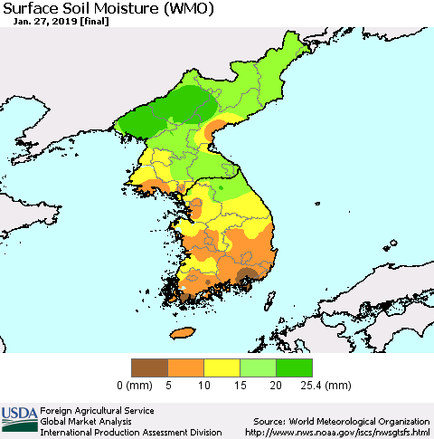 Korea Surface Soil Moisture (WMO) Thematic Map For 1/21/2019 - 1/27/2019