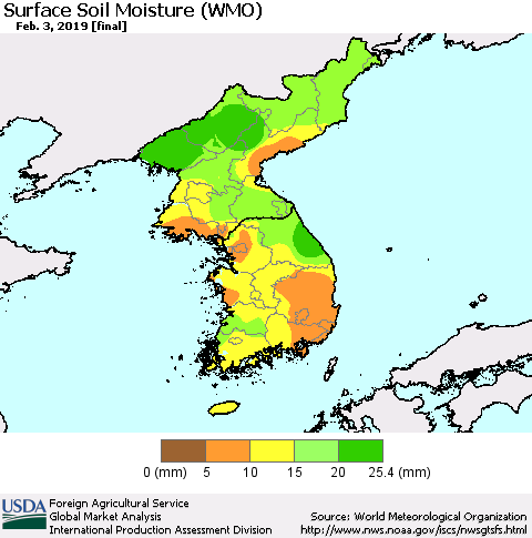 Korea Surface Soil Moisture (WMO) Thematic Map For 1/28/2019 - 2/3/2019