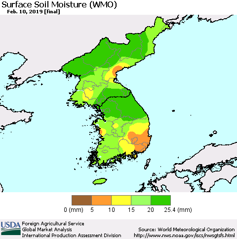 Korea Surface Soil Moisture (WMO) Thematic Map For 2/4/2019 - 2/10/2019