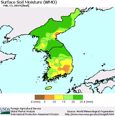 Korea Surface Soil Moisture (WMO) Thematic Map For 2/11/2019 - 2/17/2019
