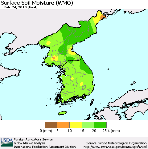 Korea Surface Soil Moisture (WMO) Thematic Map For 2/18/2019 - 2/24/2019