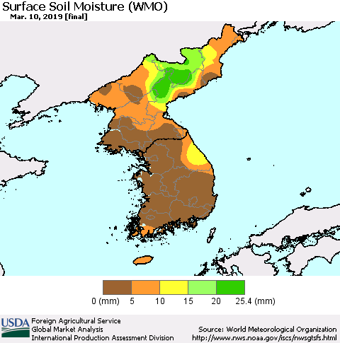 Korea Surface Soil Moisture (WMO) Thematic Map For 3/4/2019 - 3/10/2019