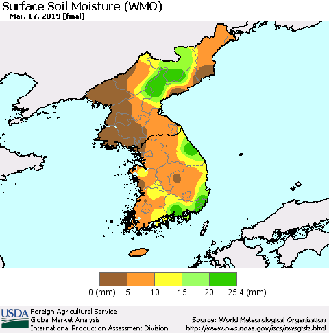 Korea Surface Soil Moisture (WMO) Thematic Map For 3/11/2019 - 3/17/2019