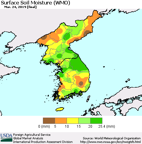 Korea Surface Soil Moisture (WMO) Thematic Map For 3/18/2019 - 3/24/2019