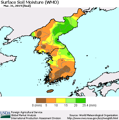 Korea Surface Soil Moisture (WMO) Thematic Map For 3/25/2019 - 3/31/2019