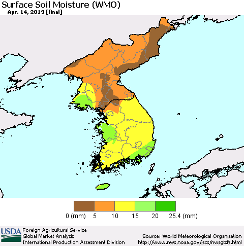 Korea Surface Soil Moisture (WMO) Thematic Map For 4/8/2019 - 4/14/2019