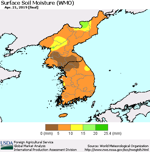 Korea Surface Soil Moisture (WMO) Thematic Map For 4/15/2019 - 4/21/2019
