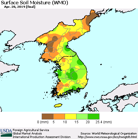 Korea Surface Soil Moisture (WMO) Thematic Map For 4/22/2019 - 4/28/2019