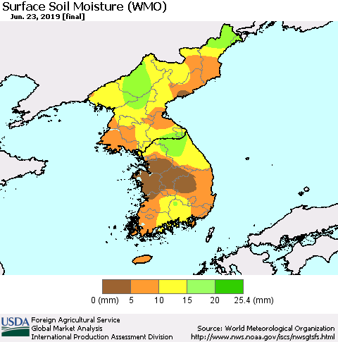 Korea Surface Soil Moisture (WMO) Thematic Map For 6/17/2019 - 6/23/2019