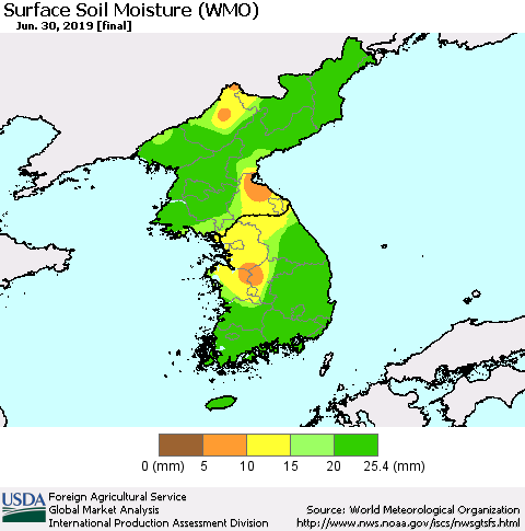 Korea Surface Soil Moisture (WMO) Thematic Map For 6/24/2019 - 6/30/2019