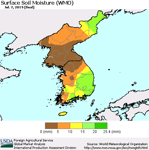 Korea Surface Soil Moisture (WMO) Thematic Map For 7/1/2019 - 7/7/2019