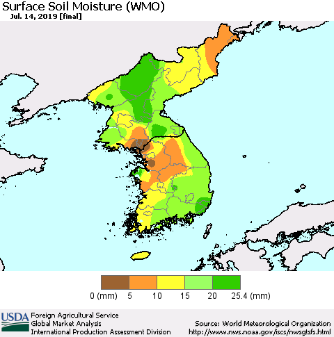 Korea Surface Soil Moisture (WMO) Thematic Map For 7/8/2019 - 7/14/2019