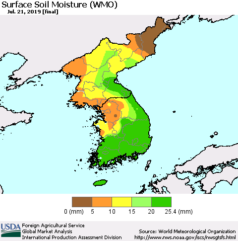 Korea Surface Soil Moisture (WMO) Thematic Map For 7/15/2019 - 7/21/2019