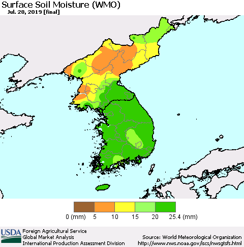 Korea Surface Soil Moisture (WMO) Thematic Map For 7/22/2019 - 7/28/2019