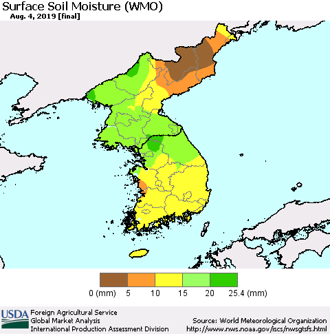 Korea Surface Soil Moisture (WMO) Thematic Map For 7/29/2019 - 8/4/2019