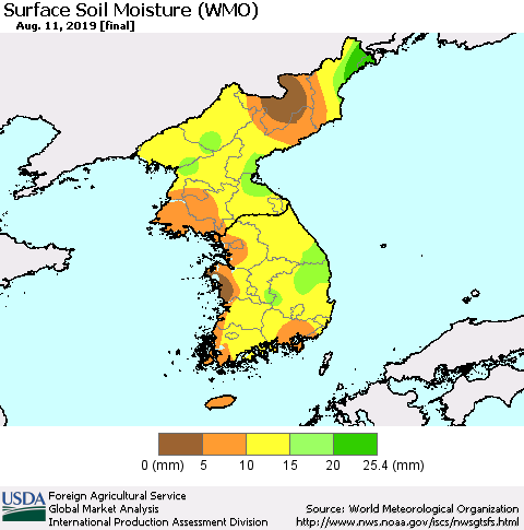 Korea Surface Soil Moisture (WMO) Thematic Map For 8/5/2019 - 8/11/2019