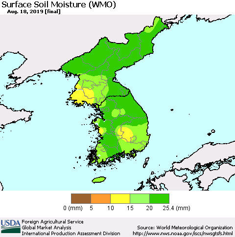 Korea Surface Soil Moisture (WMO) Thematic Map For 8/12/2019 - 8/18/2019