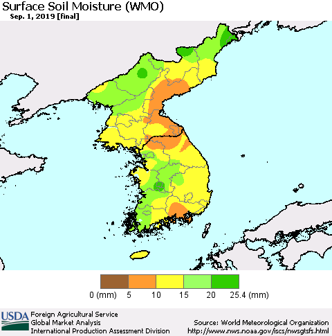 Korea Surface Soil Moisture (WMO) Thematic Map For 8/26/2019 - 9/1/2019