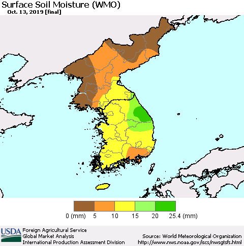 Korea Surface Soil Moisture (WMO) Thematic Map For 10/7/2019 - 10/13/2019