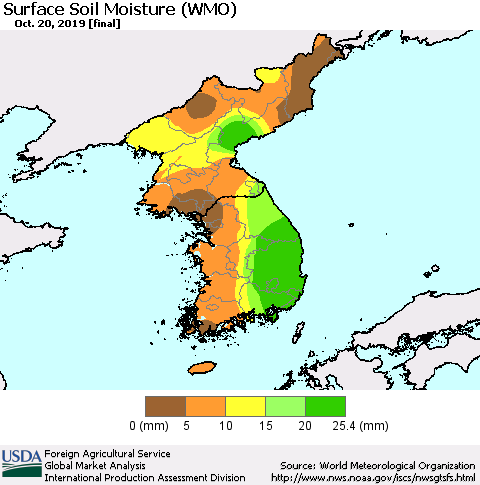 Korea Surface Soil Moisture (WMO) Thematic Map For 10/14/2019 - 10/20/2019
