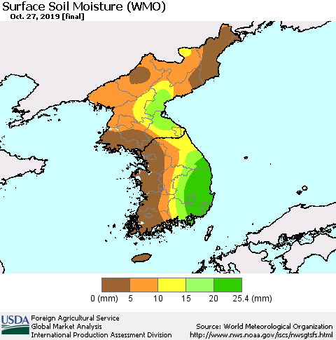 Korea Surface Soil Moisture (WMO) Thematic Map For 10/21/2019 - 10/27/2019
