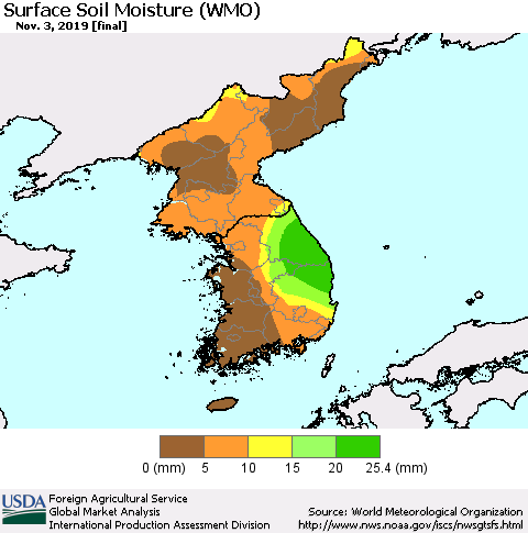 Korea Surface Soil Moisture (WMO) Thematic Map For 10/28/2019 - 11/3/2019