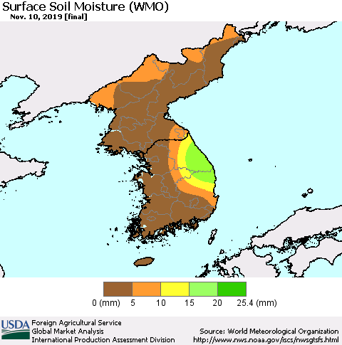 Korea Surface Soil Moisture (WMO) Thematic Map For 11/4/2019 - 11/10/2019