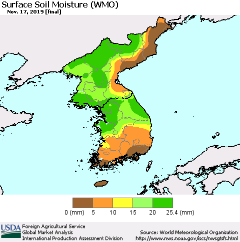 Korea Surface Soil Moisture (WMO) Thematic Map For 11/11/2019 - 11/17/2019
