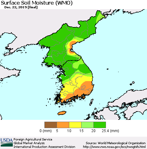 Korea Surface Soil Moisture (WMO) Thematic Map For 12/16/2019 - 12/22/2019