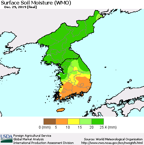 Korea Surface Soil Moisture (WMO) Thematic Map For 12/23/2019 - 12/29/2019