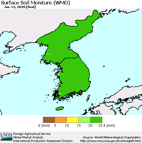 Korea Surface Soil Moisture (WMO) Thematic Map For 1/6/2020 - 1/12/2020