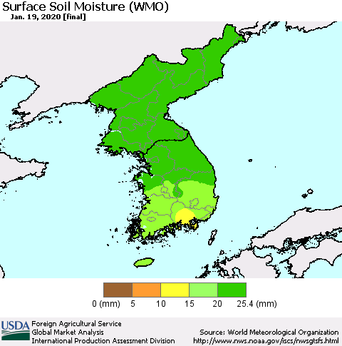 Korea Surface Soil Moisture (WMO) Thematic Map For 1/13/2020 - 1/19/2020