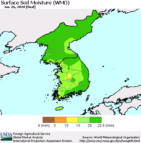 Korea Surface Soil Moisture (WMO) Thematic Map For 1/20/2020 - 1/26/2020