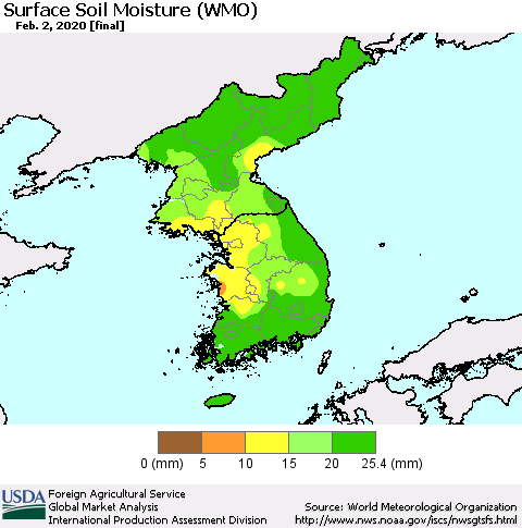 Korea Surface Soil Moisture (WMO) Thematic Map For 1/27/2020 - 2/2/2020