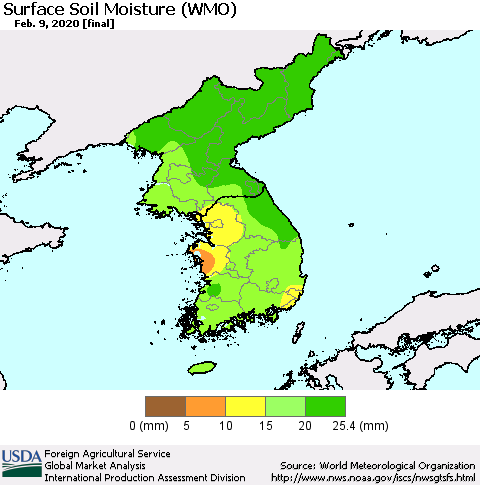 Korea Surface Soil Moisture (WMO) Thematic Map For 2/3/2020 - 2/9/2020