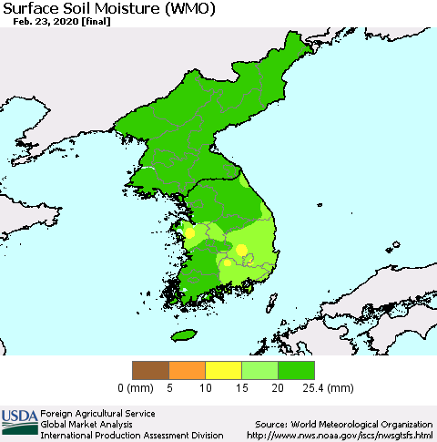 Korea Surface Soil Moisture (WMO) Thematic Map For 2/17/2020 - 2/23/2020