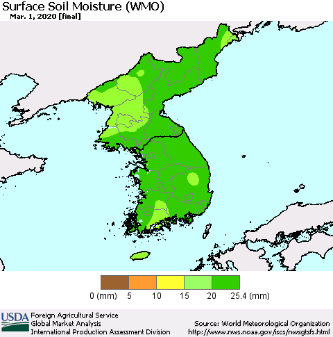 Korea Surface Soil Moisture (WMO) Thematic Map For 2/24/2020 - 3/1/2020