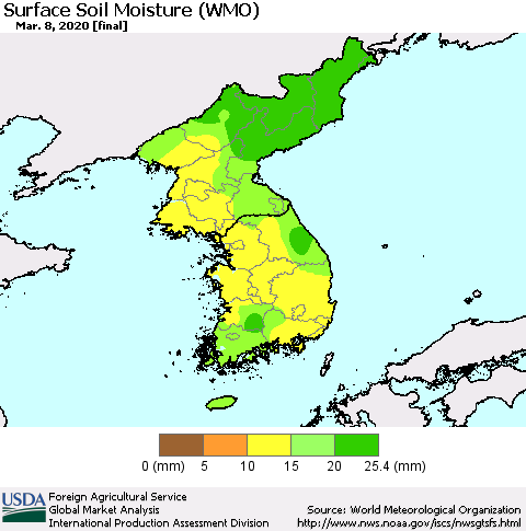 Korea Surface Soil Moisture (WMO) Thematic Map For 3/2/2020 - 3/8/2020