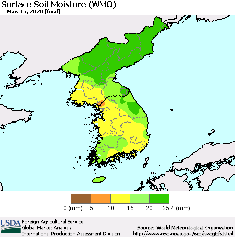 Korea Surface Soil Moisture (WMO) Thematic Map For 3/9/2020 - 3/15/2020