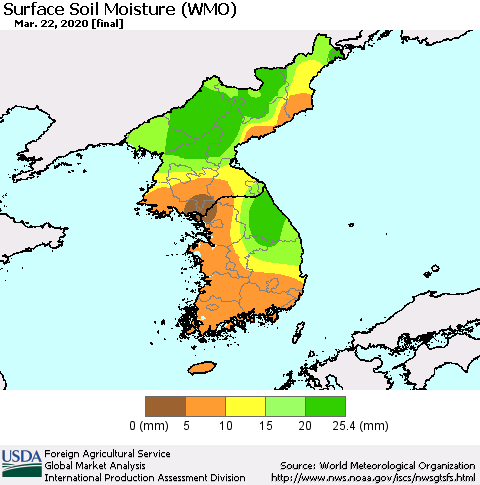 Korea Surface Soil Moisture (WMO) Thematic Map For 3/16/2020 - 3/22/2020